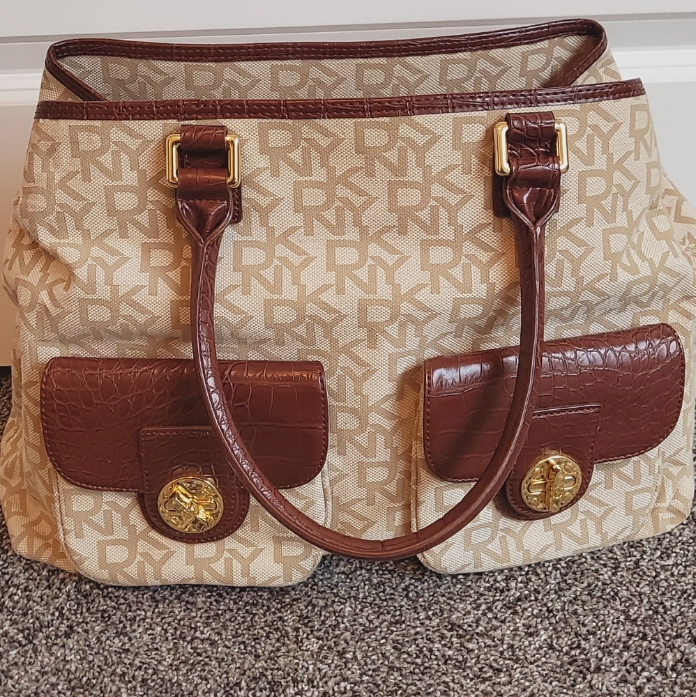 DKNY Monogram beige Print brown Trim Handbag
